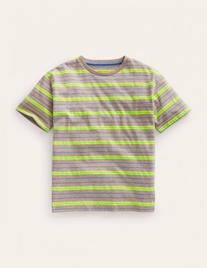 Beige / Yellow Kids' Boden Relaxed Neon-stripe T-Shirt | 89574WOQN