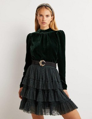 Black Green Women's Boden Green Mutton Sleeve Velvet Tops | 78501NKBJ