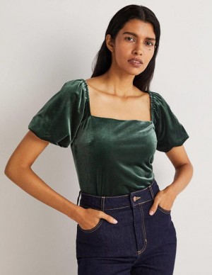 Black Green Women's Boden Square Neck Velvet Tops | 40729OSQE