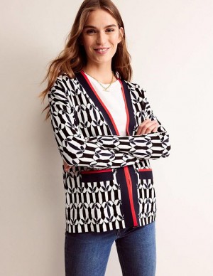 Black White Women's Boden Jacquard Cardigan | 30976LOSI