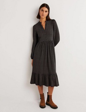 Black Women's Boden Buttoned Jersey Midi Dress | 05284ZROM