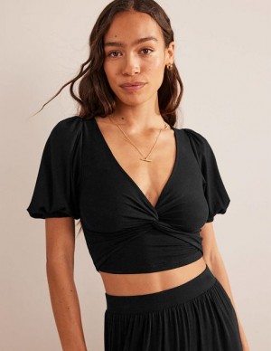 Black Women's Boden Cropped Twist Detail Tops | 26749MOQX