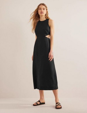 Black Women's Boden Cut Out Linen Midi Dress | 21384AYVJ