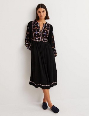 Black Women's Boden Embroidered Midi Dress | 31485EHCA