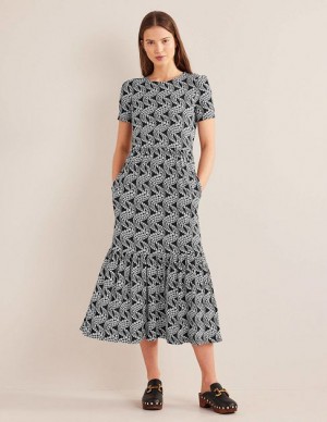 Black Women's Boden Emma Tiered Jersey Midi Dress | 64829WPQO