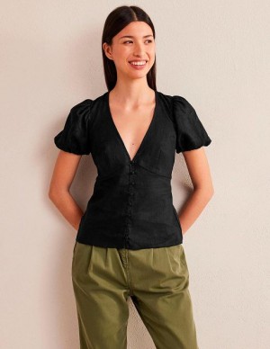 Black Women's Boden Fitted Linen V-neck Tops | 18054NSOB