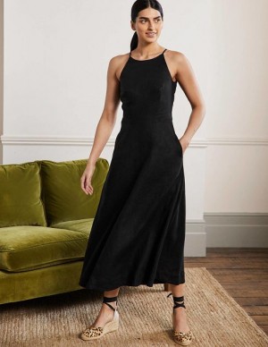 Black Women's Boden Halterneck Linen Midi Dress | 69724NKHE