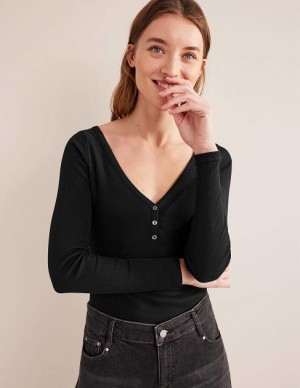 Black Women's Boden Henley Ribbed Tops | 10743QLRG