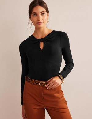 Black Women's Boden Knot Front Jersey Tops | 65470QEBT