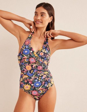 Black Women's Boden Levanzo Ruched Halter Swimsuits | 56214YQFL