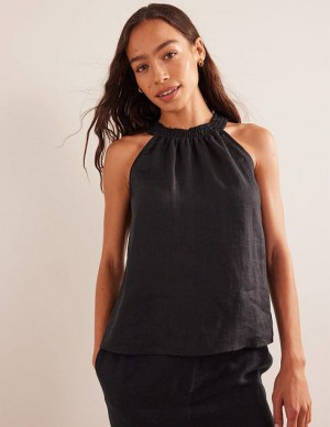 Black Women's Boden Linen Smocked Halter Tops | 41865WCXE