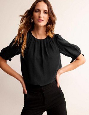 Black Women's Boden Organza Puff Sleeve Tops | 53801XVRJ