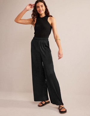 Black Women's Boden Plisse Satin Wide Leg Pants | 90374GOFH