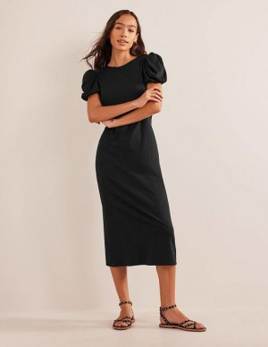 Black Women's Boden Puff Sleeve Jersey Midi Dress | 76120VDUX