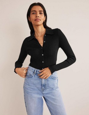 Black Women's Boden Ribbed Fitted Shirts | 42859DPVT