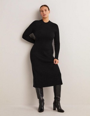 Black Women's Boden Ribbed High Neck Dress | 94618KMQB