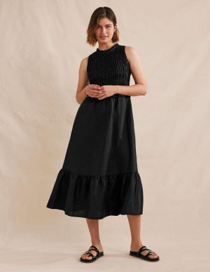 Black Women's Boden Smocked Linen Midi Dress | 61504ORYJ