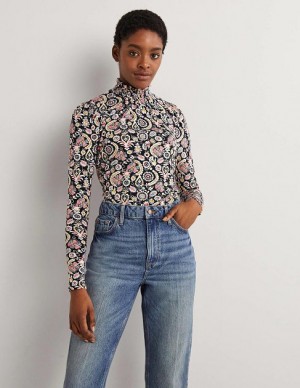 Black Women's Boden Smocked Neck Printed Tops | 29380CANT