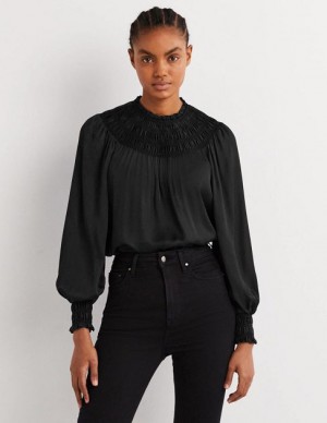 Black Women's Boden Smocked Yoke Detail Tops | 91034VLDC