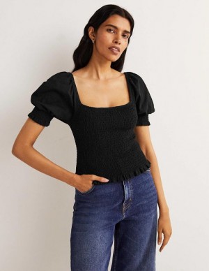 Black Women's Boden Square Neck Smocked Jersey Tops | 54318RVQT