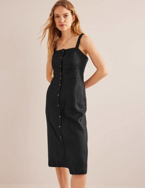 Black Women's Boden Strappy Linen Midi Dress | 32758GLRX