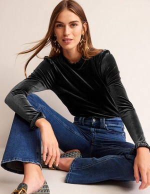 Black Women's Boden Velvet Frill Detail Tops | 73821ZUIH