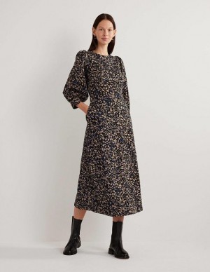 Black / Navy Women's Boden Blouson Sleeve Jacquard Dress | 57918WBDZ