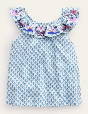 Blue Kids' Boden Frill Embroidered Tops | 56928RQCL