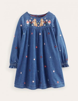 Blue Kids' Boden Logo Woven Embroidered Dress | 36492GCKA