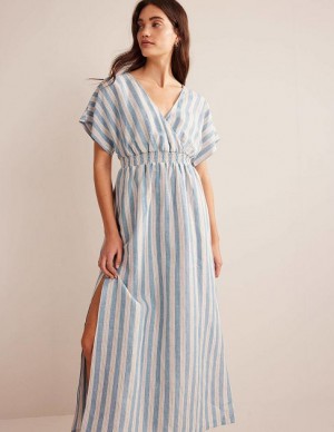 Blue Stripes Women's Boden Linen Kaftan Maxi Dress | 98072OIJE