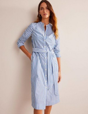 Blue White Stripes Women's Boden Cotton Belted Shirt Dress | 05718PESJ