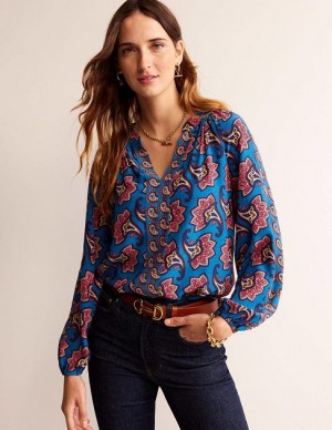 Blue Women's Boden Border Print Raglan Tops | 21407MRNZ