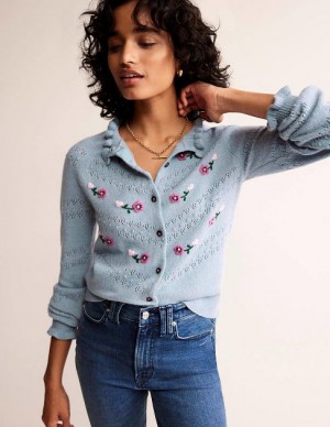 Blue Women's Boden Floral Embroidered Cardigan | 46791IKVF