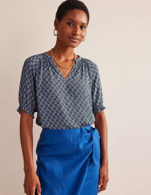 Blue Women's Boden Gathered Neck Short Sleeve Tops | 85174XFYG