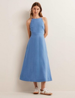 Blue Women's Boden Halterneck Linen Midi Dress | 29145YFJE