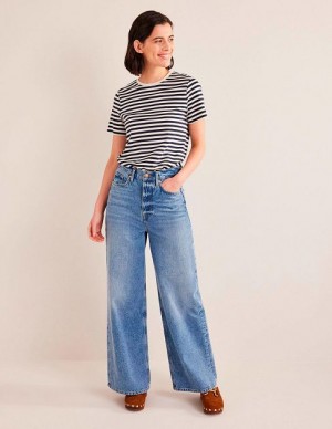 Blue Women's Boden Mid Rise Slouch Wide Leg Jeans | 54891FWYR