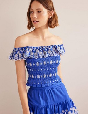 Blue Women's Boden Off Shoulder Broderie Tops | 98465LDXU