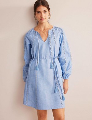 Blue Women's Boden Ric Rac Linen Mini Dress | 91206EWVQ