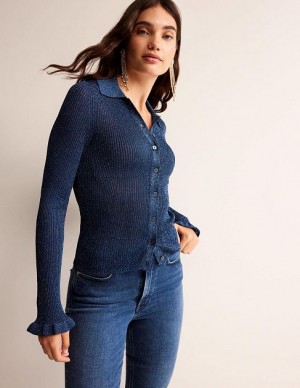 Blue Women's Boden Sparkle Rib Collared Cardigan | 62495HYSQ