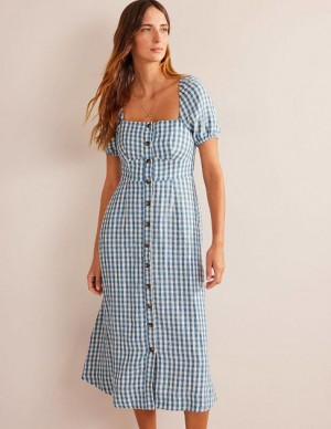 Blue Women's Boden Square Neck Linen Midi Dress | 83206OTZG