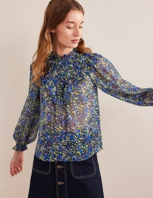 Blue Women's Boden V Yoke Flounce Tops | 05193KXCB