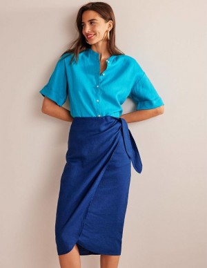 Blue Women's Boden Wrap-front Linen Skirts | 13096TNBM