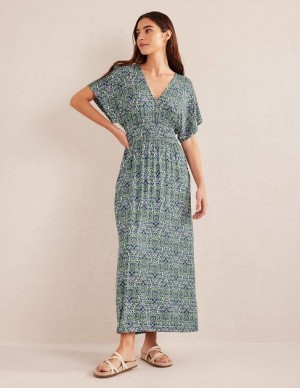 Blue / Green / White Women's Boden Smock Waist Jersey Maxi Dress | 61257GLCO