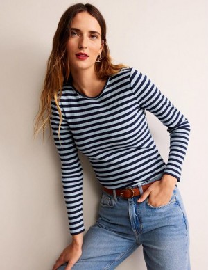 Blue / Navy Women's Boden Anna Rib Crew T-Shirt | 62954FZBM