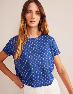 Blue / Pink Women's Boden Printed Linen T-Shirt | 15290ZQRS