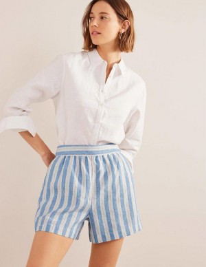 Blue / Stripes Women's Boden Pull-on Linen Shorts | 78269HMKI