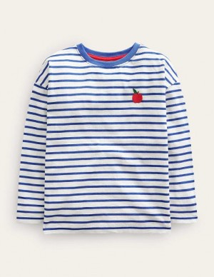 Blue / White Kids' Boden Embroidered Motif T-Shirt | 70236VKYA