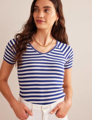 Blue / White Stripes Women's Boden Anna Rib V-neck T-Shirt | 16450VJGY