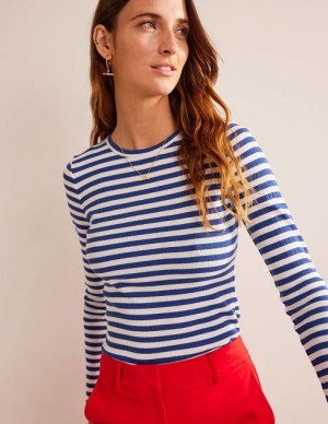 Blue / White Stripes Women's Boden Anna Rib Crew T-Shirt | 64098SVCR