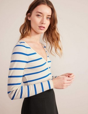 Blue / White Women's Boden Henley Ribbed Tops | 23097HLUF